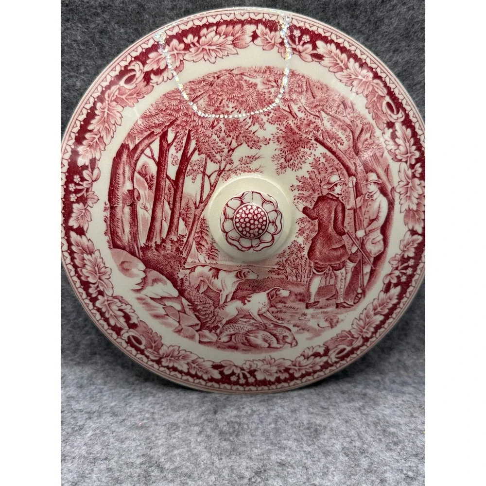 Homer Laughlin Currier & Ives Red Transferware Covered Bowl Husking Partridge